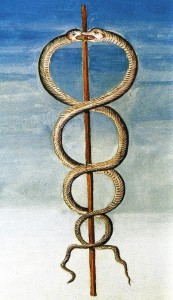 Caduceu de Hermes, enrodilhado pelas serpente da morte e do renascimento das almas  