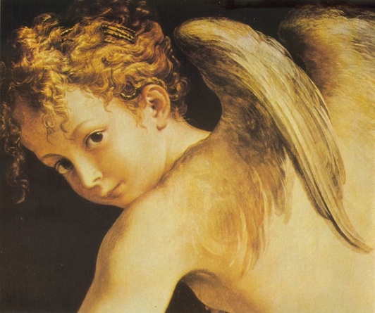 Eros; detalhe de óleo sobre tela de Parmigiano (1503-1540)