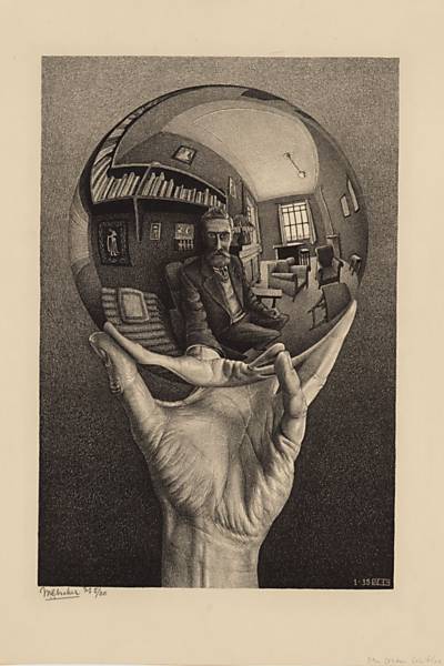 Escher, M. C. - Autorretrato no espelho esférico, litografia, 1950
