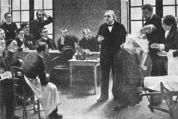 Aula de J. M. Charcot na famosa Salpêtriére, em Paris