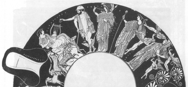 Julgamento de Páris, detalhe de taça com figuras vermelhas de Herron
