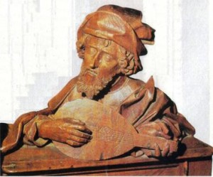 Pitágoras musicista, peça em madeira do mosteiro de Ulm, Alemanha